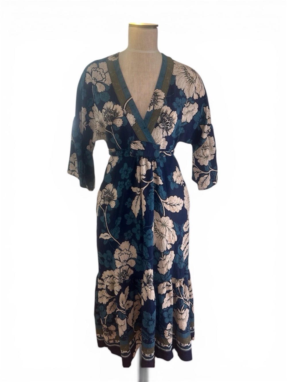 Navy Floral Dress with Cream Accents